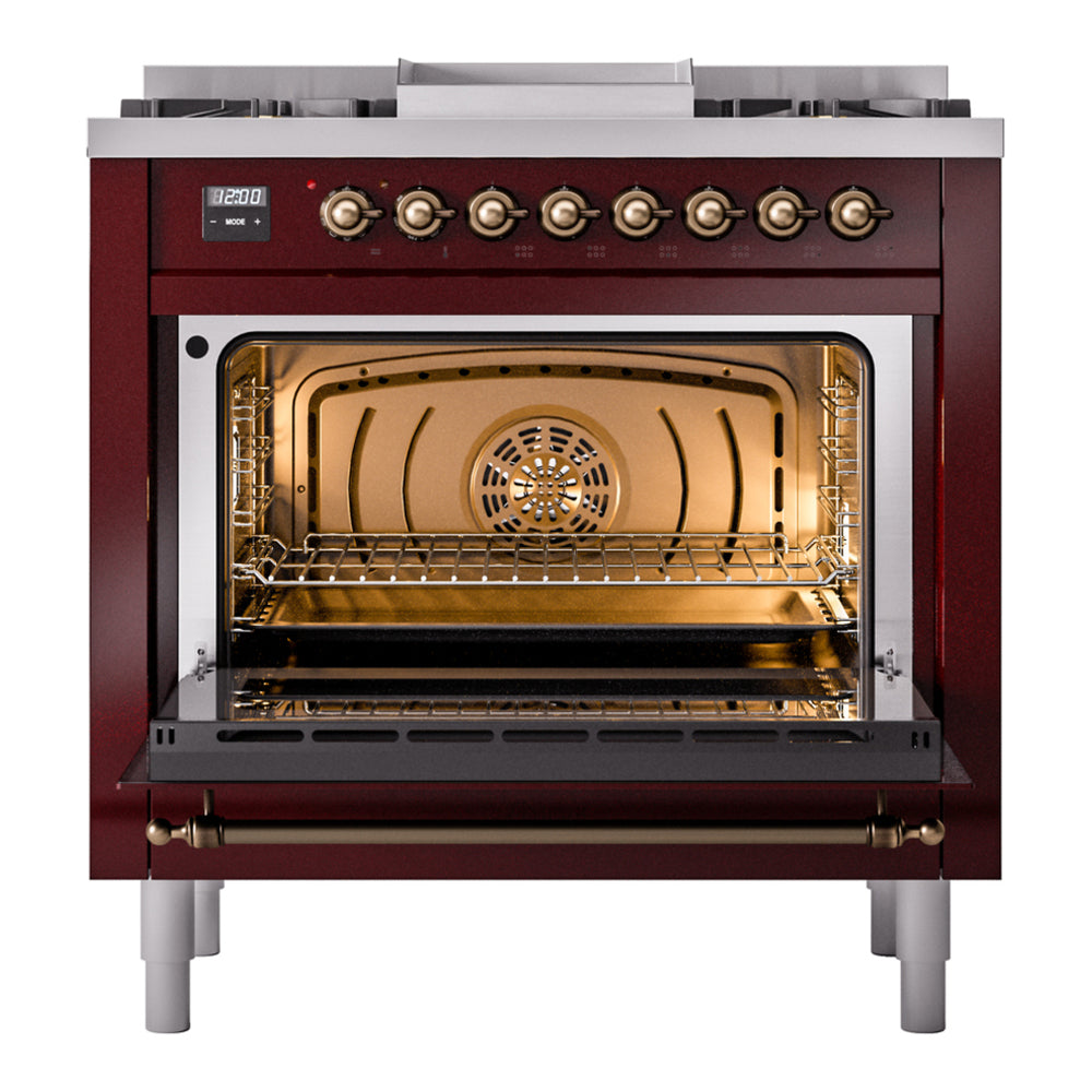 ILVE Nostalgie II 36" Burgundy Dual Fuel Range with 6 Burners and Griddle Triple Glass Door Liquid Propane