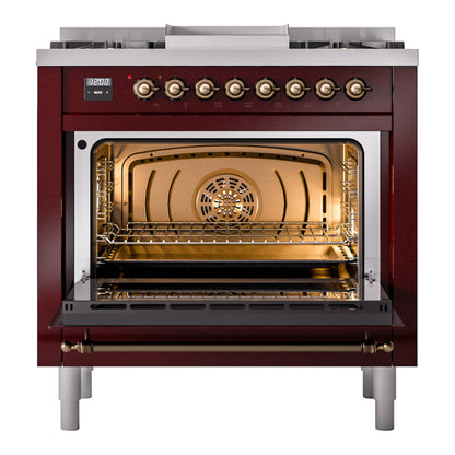 ILVE Nostalgie II 36" Burgundy Dual Fuel Range with 6 Burners and Griddle Triple Glass Door Liquid Propane