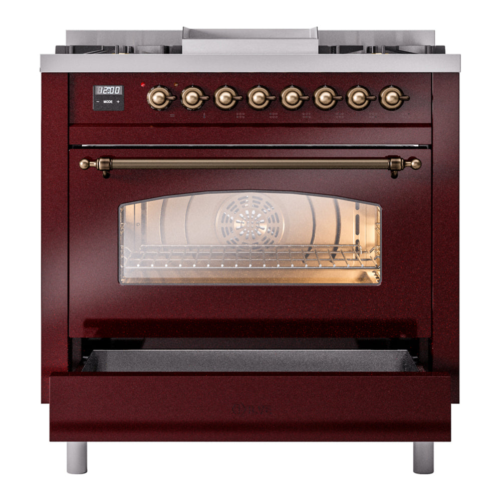 ILVE Nostalgie II 36" Burgundy Dual Fuel Range with 6 Burners and Griddle Triple Glass Door Liquid Propane