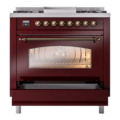 ILVE Nostalgie II 36" Burgundy Dual Fuel Range with 6 Burners and Griddle Triple Glass Door Liquid Propane