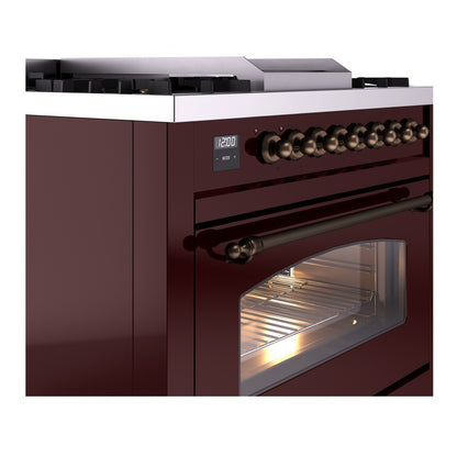 ILVE Nostalgie II 36" Burgundy Dual Fuel Range with 6 Burners and Griddle Triple Glass Door Liquid Propane