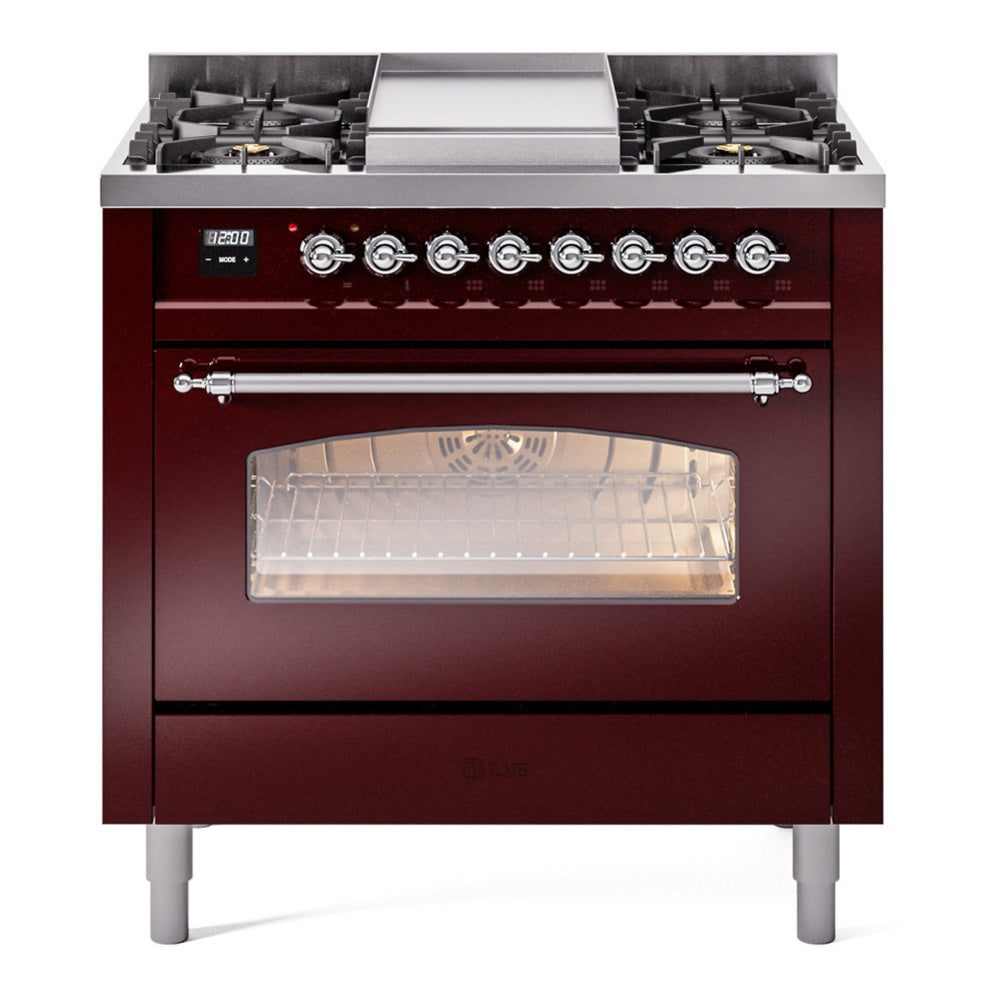 ILVE Nostalgie II 36" Burgundy Dual Fuel Range with 6 Burners and Griddle Triple Glass Door Liquid Propane