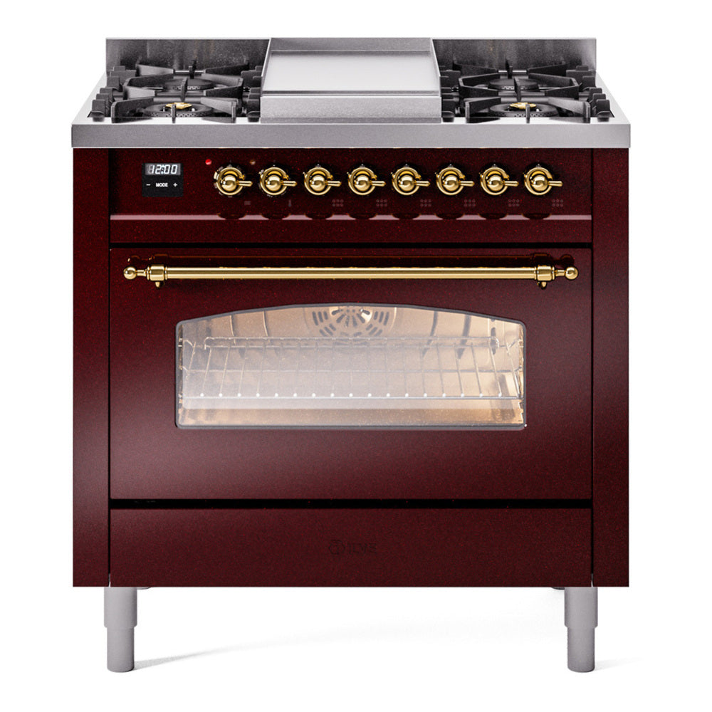 ILVE Nostalgie II 36" Burgundy Dual Fuel Range with 6 Burners and Griddle Triple Glass Door Liquid Propane
