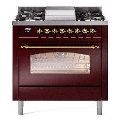 ILVE Nostalgie II 36" Burgundy Dual Fuel Range with 6 Burners and Griddle Triple Glass Door Liquid Propane