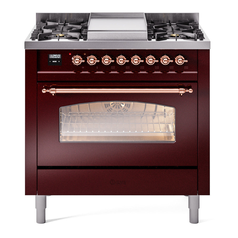 ILVE Nostalgie II 36" Burgundy Dual Fuel Range with 6 Burners and Griddle Triple Glass Door Liquid Propane