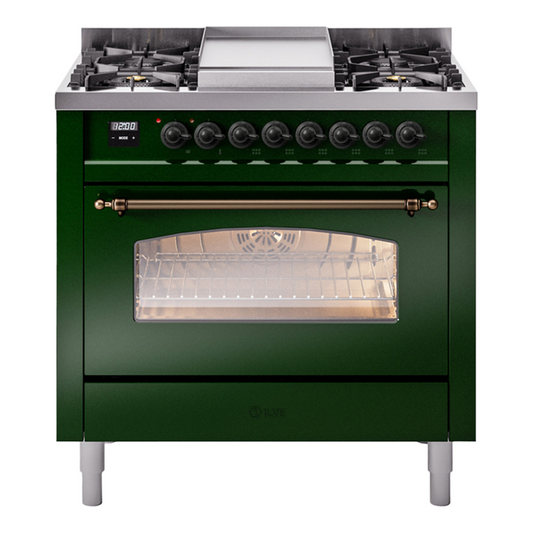 ILVE Nostalgie II 36" Emerald Green Dual Fuel Range with 6 Burners and Griddle Triple Glass Door Liquid Propane