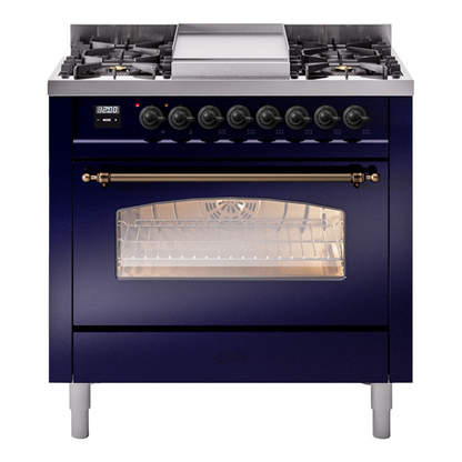 ILVE Nostalgie II 36" Midnight Blue Dual Fuel Range with 6 Burners and Griddle Triple Glass Door Liquid Propane