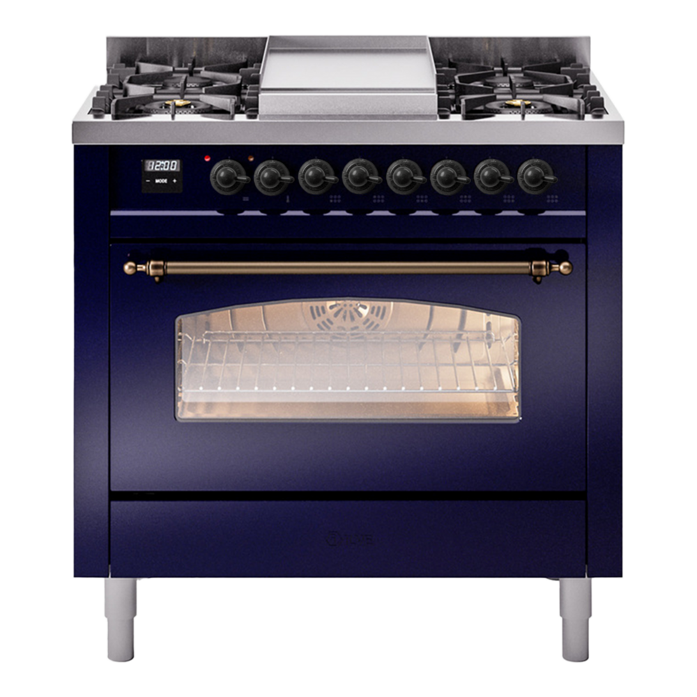 ILVE Nostalgie II 36" Midnight Blue Dual Fuel Range with 6 Burners and Griddle Triple Glass Door Natural Gas