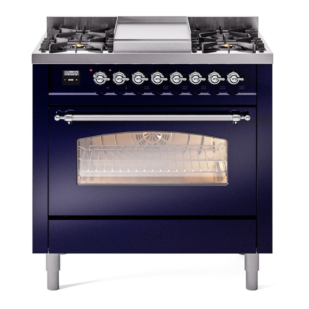 ILVE Nostalgie II 36" Midnight Blue Dual Fuel Range with 6 Burners and Griddle Triple Glass Door Liquid Propane