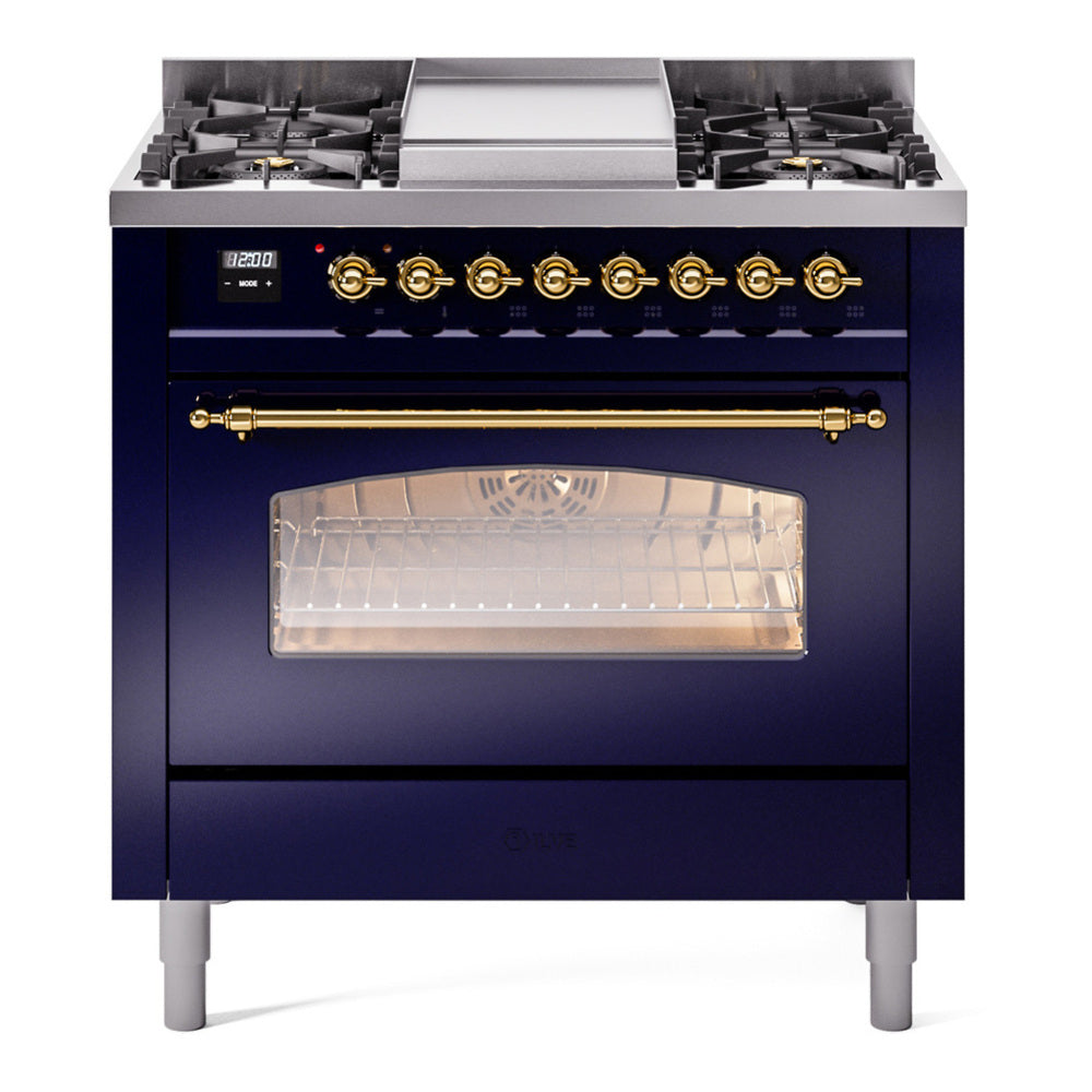 ILVE Nostalgie II 36" Midnight Blue Dual Fuel Range with 6 Burners and Griddle Triple Glass Door Natural Gas