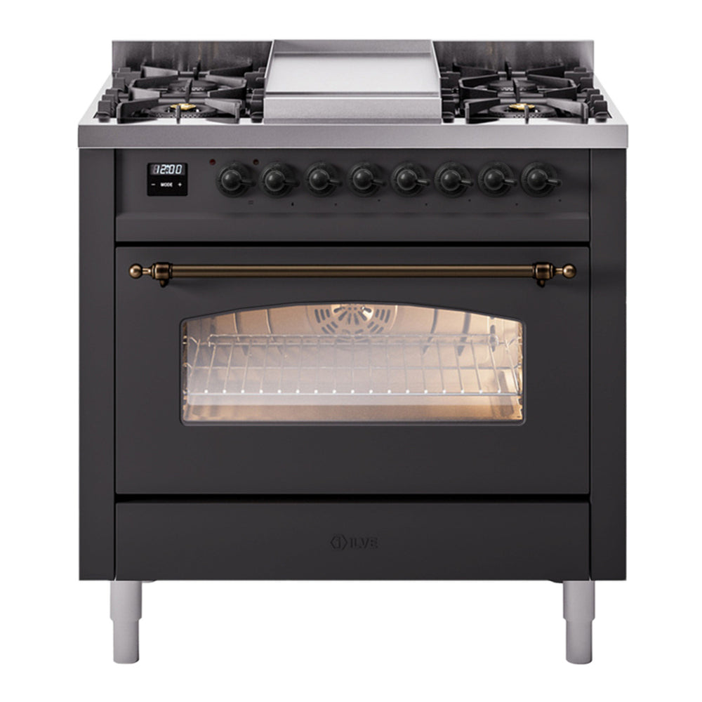 ILVE Nostalgie II 36" Graphite Matte Dual Fuel Range with 6 Burners and Griddle Triple Glass Door Liquid Propane
