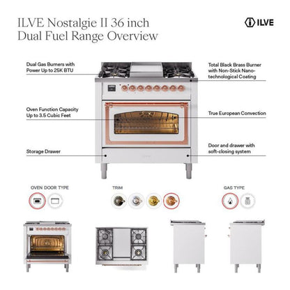 ILVE Nostalgie II 36" Graphite Matte Dual Fuel Range with 6 Burners and Griddle Triple Glass Door Liquid Propane