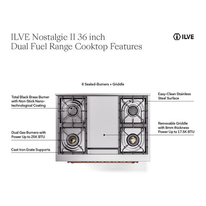 ILVE Nostalgie II 36" Graphite Matte Dual Fuel Range with 6 Burners and Griddle Triple Glass Door Liquid Propane