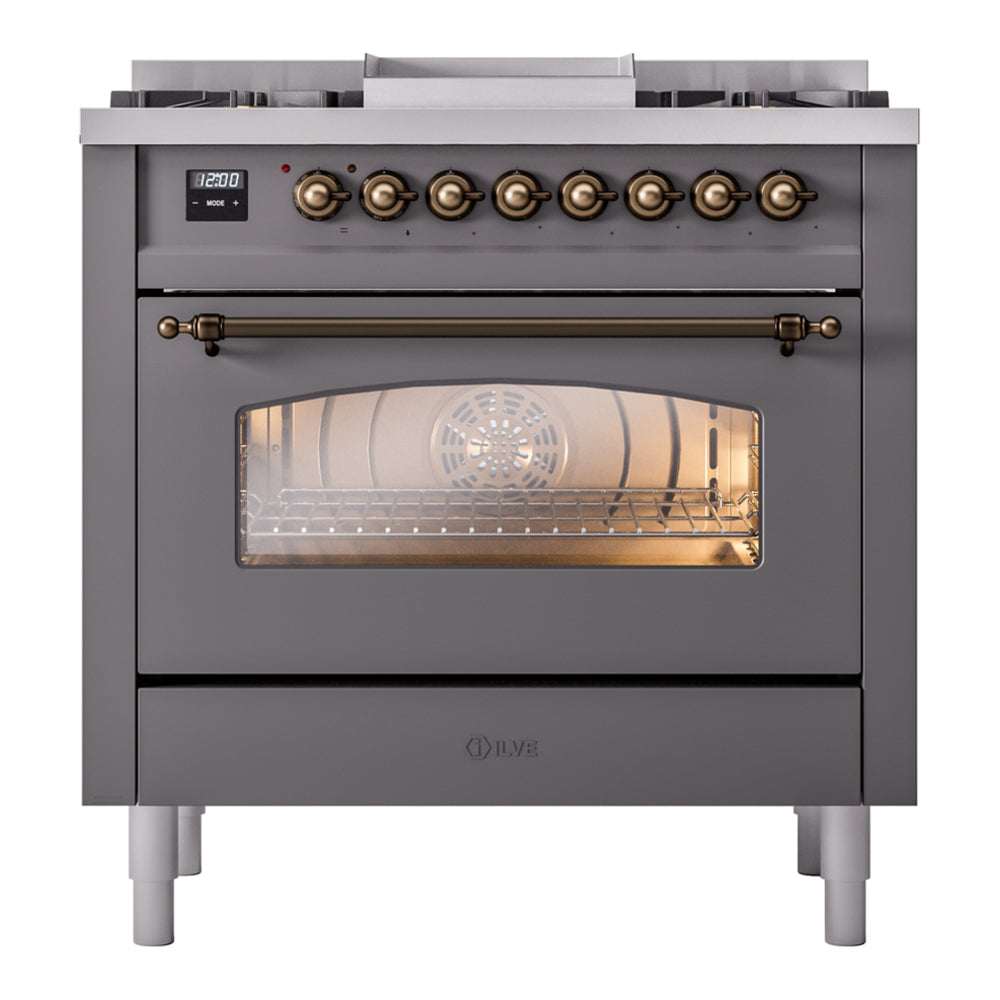 ILVE Nostalgie II 36" Graphite Matte Dual Fuel Range with 6 Burners and Griddle Triple Glass Door Liquid Propane
