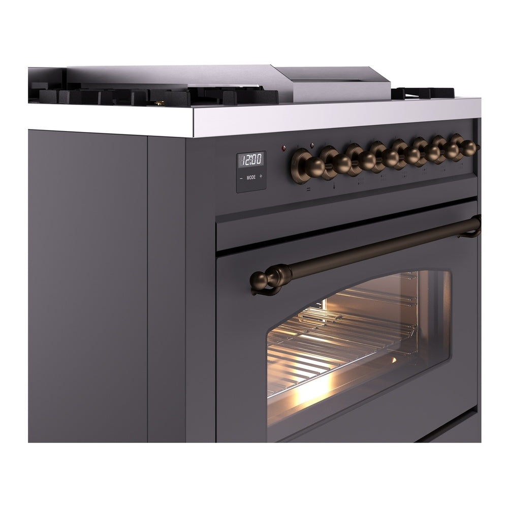 ILVE Nostalgie II 36" Graphite Matte Dual Fuel Range with 6 Burners and Griddle Triple Glass Door Liquid Propane