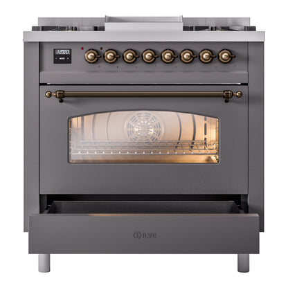 ILVE Nostalgie II 36" Graphite Matte Dual Fuel Range with 6 Burners and Griddle Triple Glass Door Natural Gas