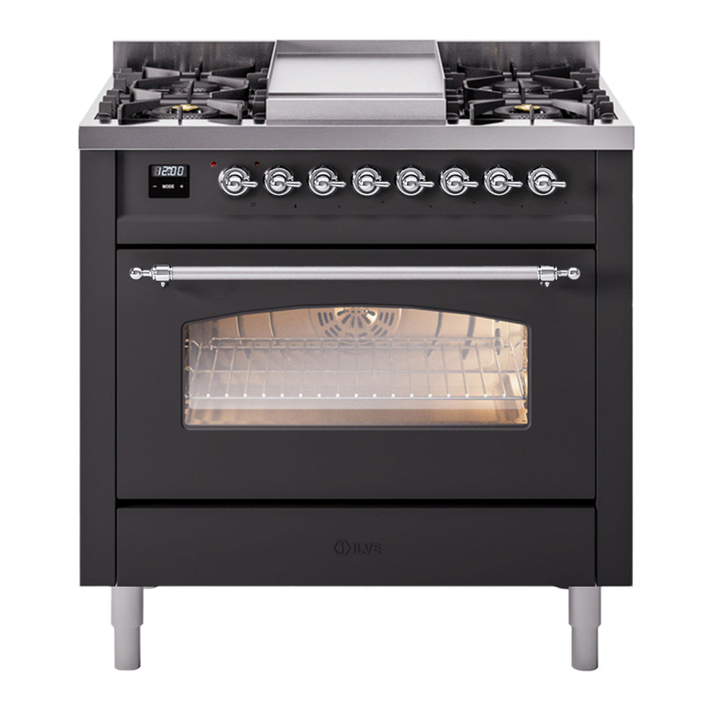 ILVE Nostalgie II 36" Graphite Matte Dual Fuel Range with 6 Burners and Griddle Triple Glass Door Liquid Propane