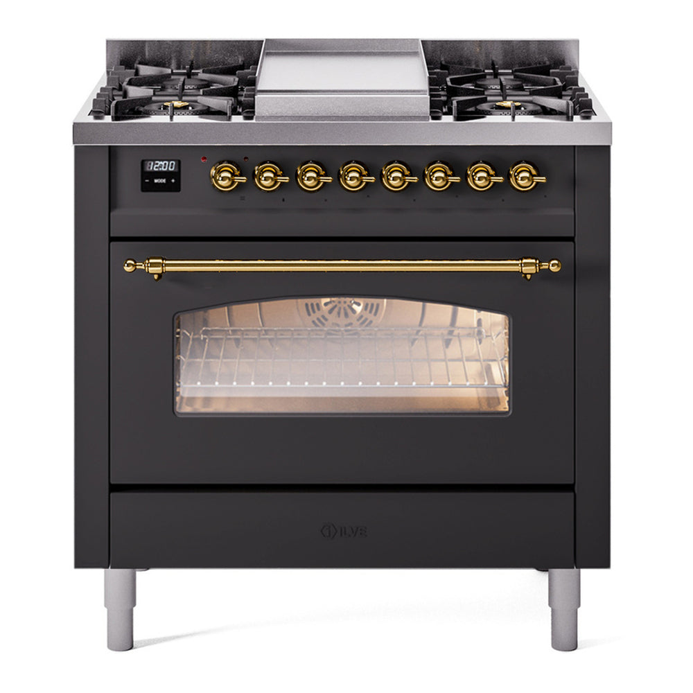 ILVE Nostalgie II 36" Graphite Matte Dual Fuel Range with 6 Burners and Griddle Triple Glass Door Liquid Propane