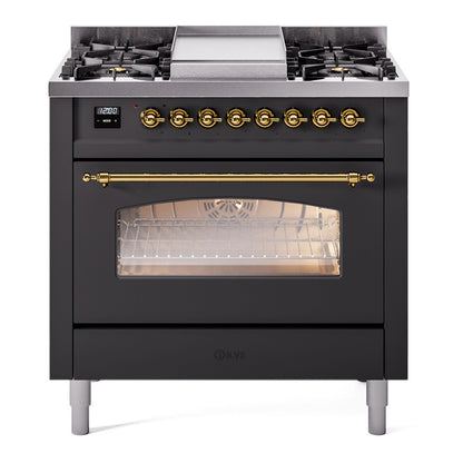 ILVE Nostalgie II 36" Graphite Matte Dual Fuel Range with 6 Burners and Griddle Triple Glass Door Liquid Propane