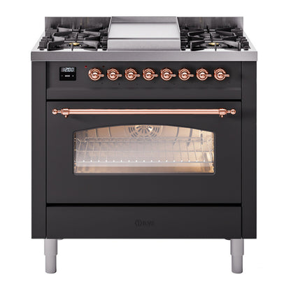 ILVE Nostalgie II 36" Graphite Matte Dual Fuel Range with 6 Burners and Griddle Triple Glass Door Natural Gas