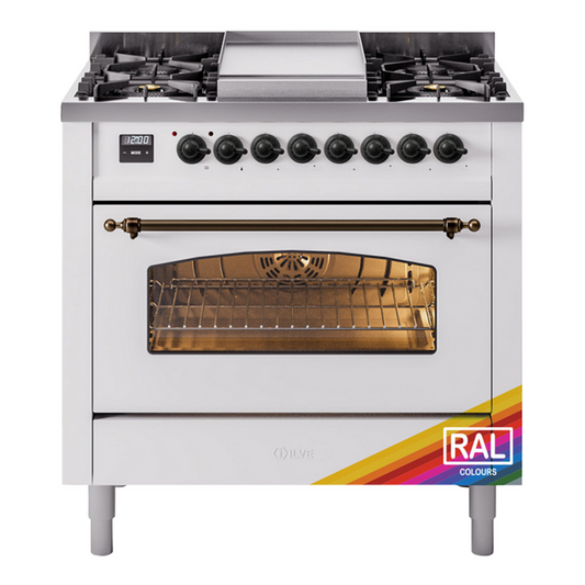 ILVE Nostalgie II 36" RAL Dual Fuel Range with 6 Burners and Griddle Triple Glass Door Natural Gas