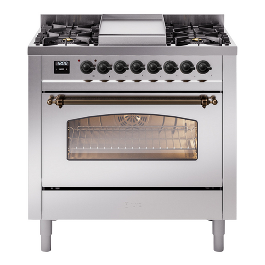 ILVE Nostalgie II 36" Stainless Steel Dual Fuel Range with 6 Burners and Griddle Triple Glass Door Liquid Propane