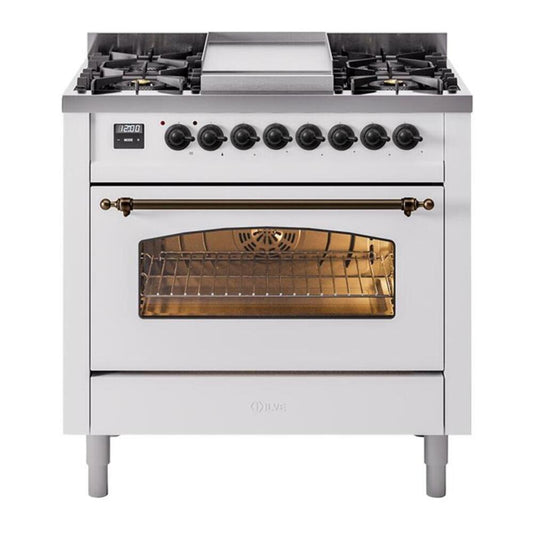 ILVE Nostalgie II 36" White Dual Fuel Range with 6 Burners and Griddle Triple Glass Door Liquid Propane