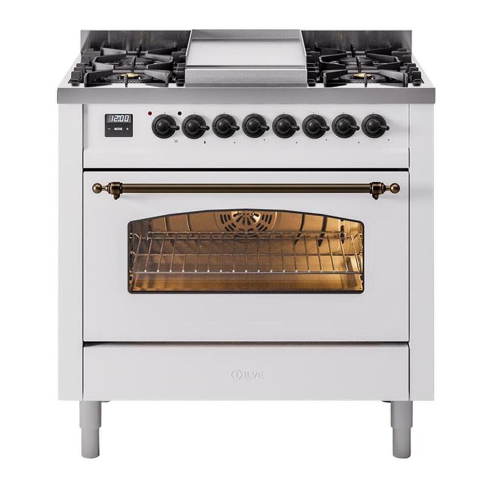 ILVE Nostalgie II 36" White Dual Fuel Range with 6 Burners and Griddle Triple Glass Door Natural Gas