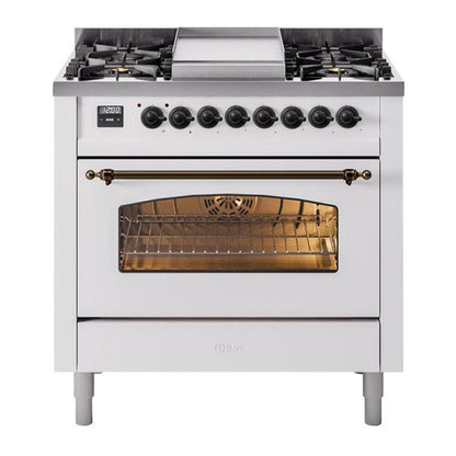 ILVE Nostalgie II 36" White Dual Fuel Range with 6 Burners and Griddle Triple Glass Door Natural Gas