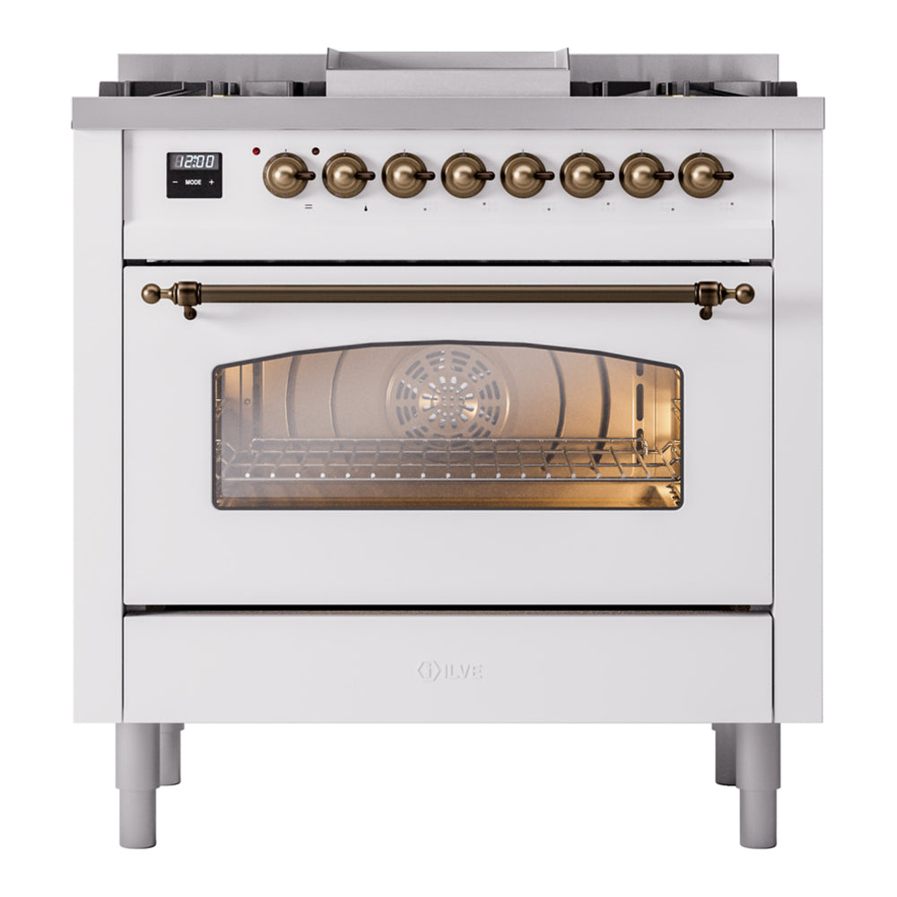 ILVE Nostalgie II 36" White Dual Fuel Range with 6 Burners and Griddle Triple Glass Door Natural Gas