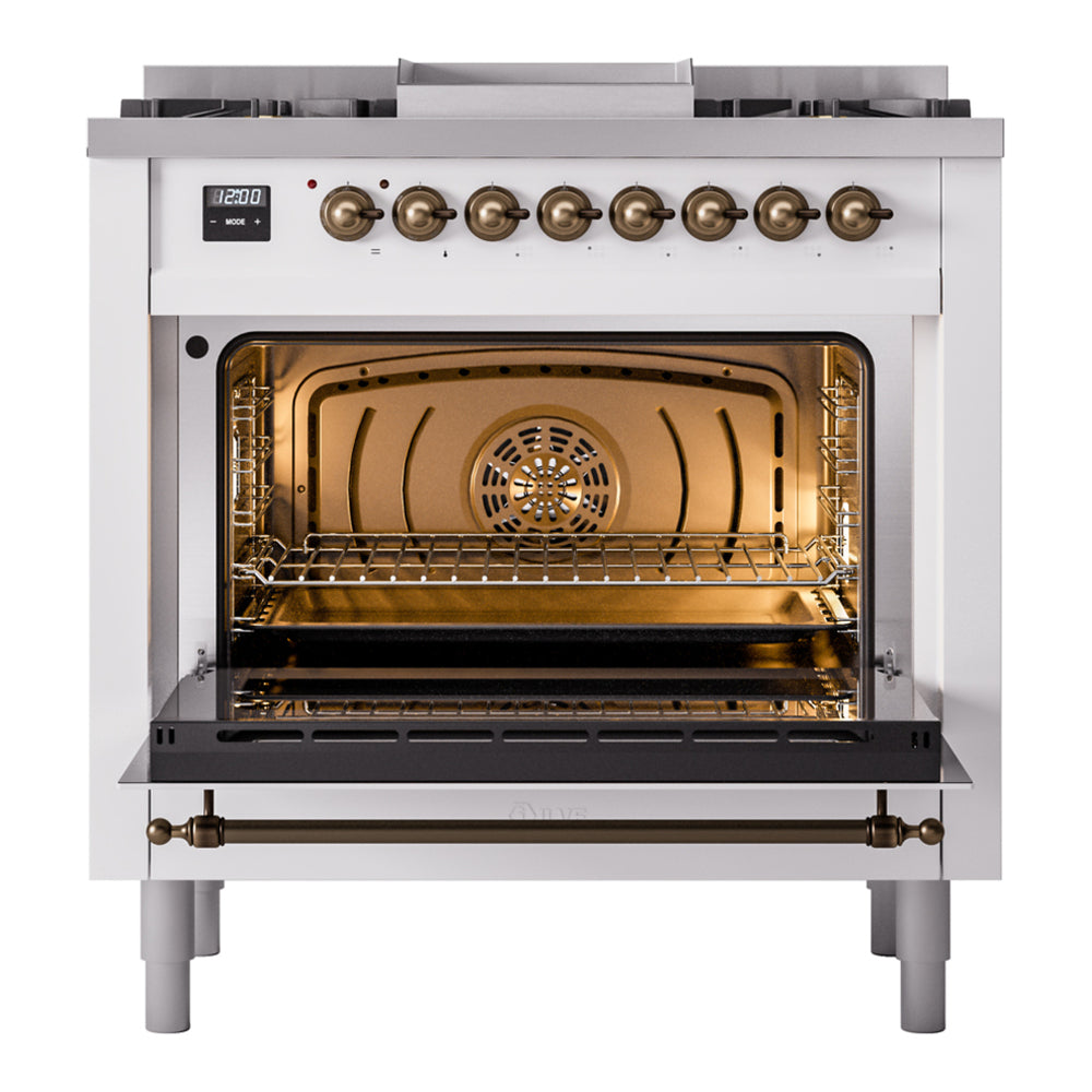 ILVE Nostalgie II 36" White Dual Fuel Range with 6 Burners and Griddle Triple Glass Door Natural Gas