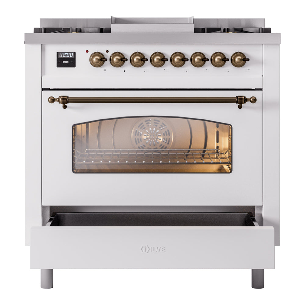 ILVE Nostalgie II 36" White Dual Fuel Range with 6 Burners and Griddle Triple Glass Door Natural Gas