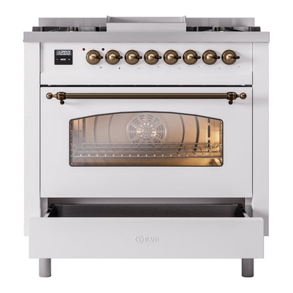ILVE Nostalgie II 36" White Dual Fuel Range with 6 Burners and Griddle Triple Glass Door Natural Gas