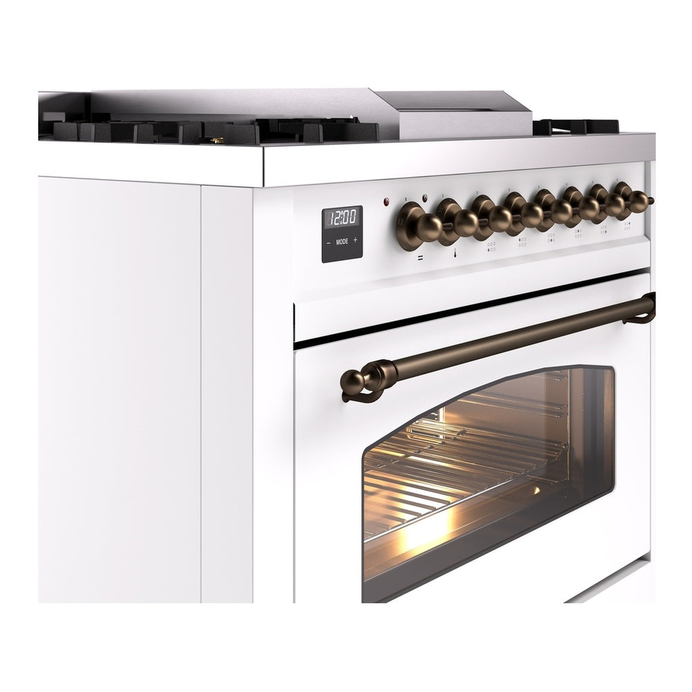 ILVE Nostalgie II 36" White Dual Fuel Range with 6 Burners and Griddle Triple Glass Door Natural Gas