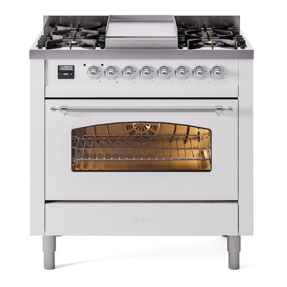 ILVE Nostalgie II 36" White Dual Fuel Range with 6 Burners and Griddle Triple Glass Door Natural Gas