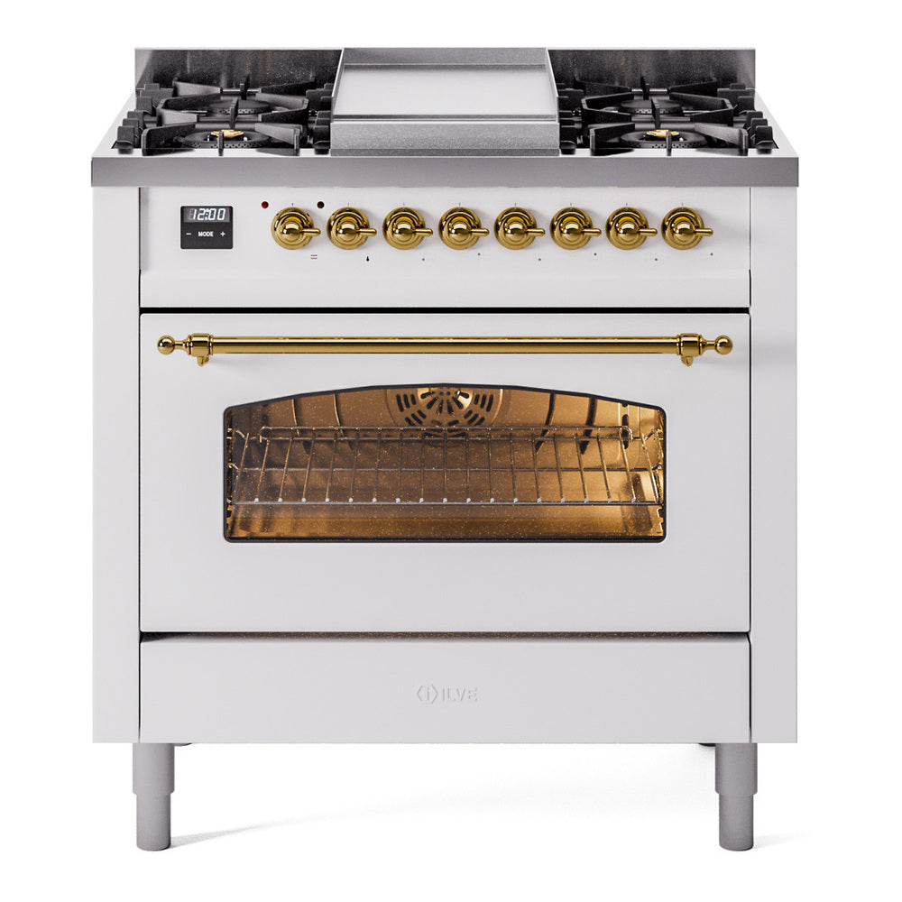 ILVE Nostalgie II 36" White Dual Fuel Range with 6 Burners and Griddle Triple Glass Door Natural Gas