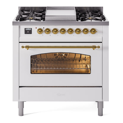 ILVE Nostalgie II 36" White Dual Fuel Range with 6 Burners and Griddle Triple Glass Door Natural Gas