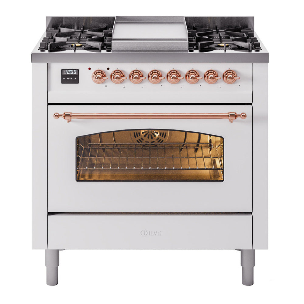 ILVE Nostalgie II 36" White Dual Fuel Range with 6 Burners and Griddle Triple Glass Door Natural Gas
