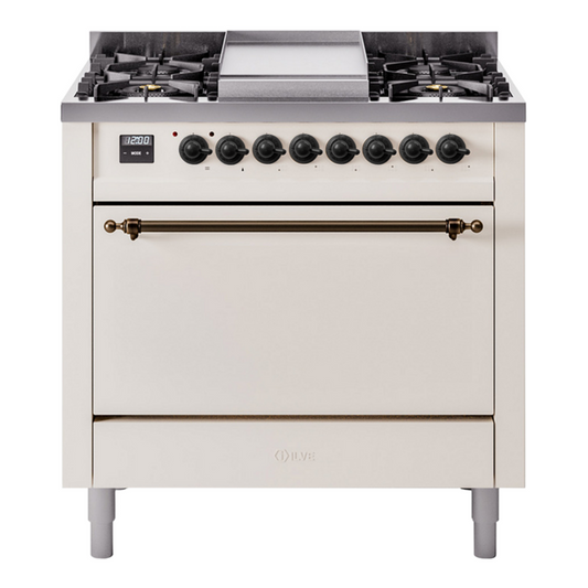 ILVE Nostalgie II 36" Antique White Dual Fuel Range with 6 Burners and Griddle Solid Door Liquid Propane