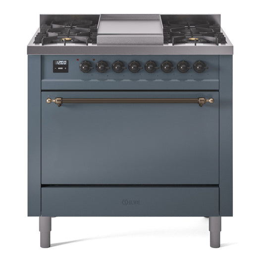 ILVE Nostalgie II 36" Blue Grey Dual Fuel Range with 6 Burners and Griddle Solid Door Natural Gas