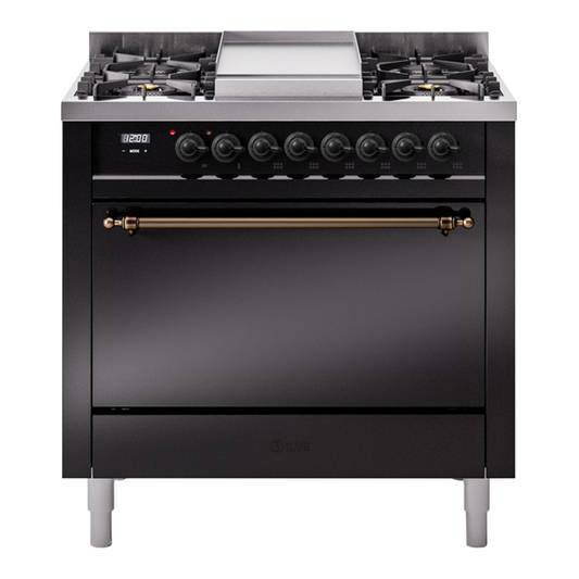 ILVE Nostalgie II 36" Glossy Black Dual Fuel Range with 6 Burners and Griddle Solid Door Liquid Propane