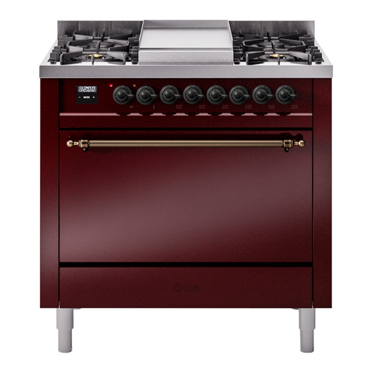 ILVE Nostalgie II 36" Burgundy Dual Fuel Range with 6 Burners and Griddle Solid Door Liquid Propane