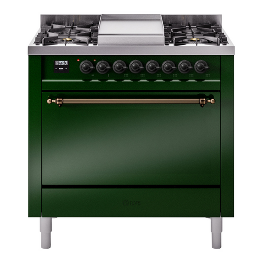 ILVE Nostalgie II 36" Emerald Green Dual Fuel Range with 6 Burners and Griddle Solid Door Natural Gas