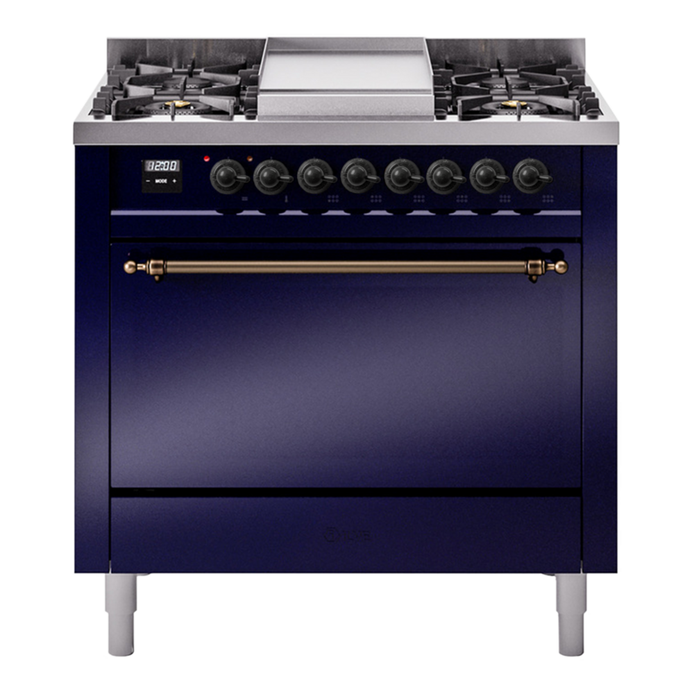 ILVE Nostalgie II 36" Midnight Blue Dual Fuel Range with 6 Burners and Griddle Solid Door Natural Gas