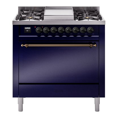 ILVE Nostalgie II 36" Midnight Blue Dual Fuel Range with 6 Burners and Griddle Solid Door Natural Gas
