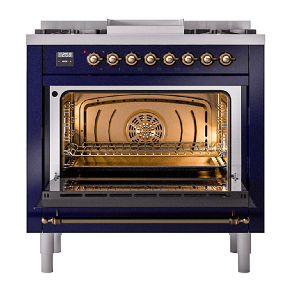 ILVE Nostalgie II 36" Midnight Blue Dual Fuel Range with 6 Burners and Griddle Solid Door Natural Gas
