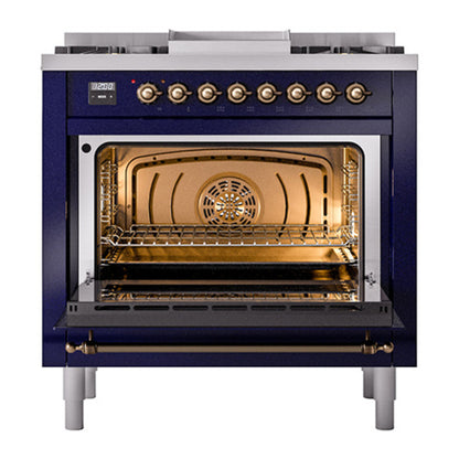 ILVE Nostalgie II 36" Midnight Blue Dual Fuel Range with 6 Burners and Griddle Solid Door Natural Gas