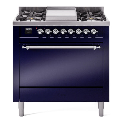 ILVE Nostalgie II 36" Midnight Blue Dual Fuel Range with 6 Burners and Griddle Solid Door Natural Gas