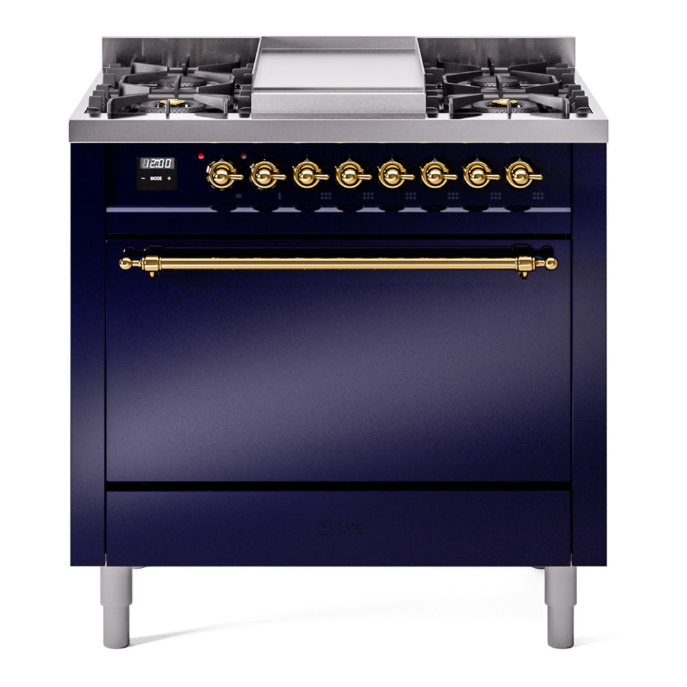 ILVE Nostalgie II 36" Midnight Blue Dual Fuel Range with 6 Burners and Griddle Solid Door Natural Gas