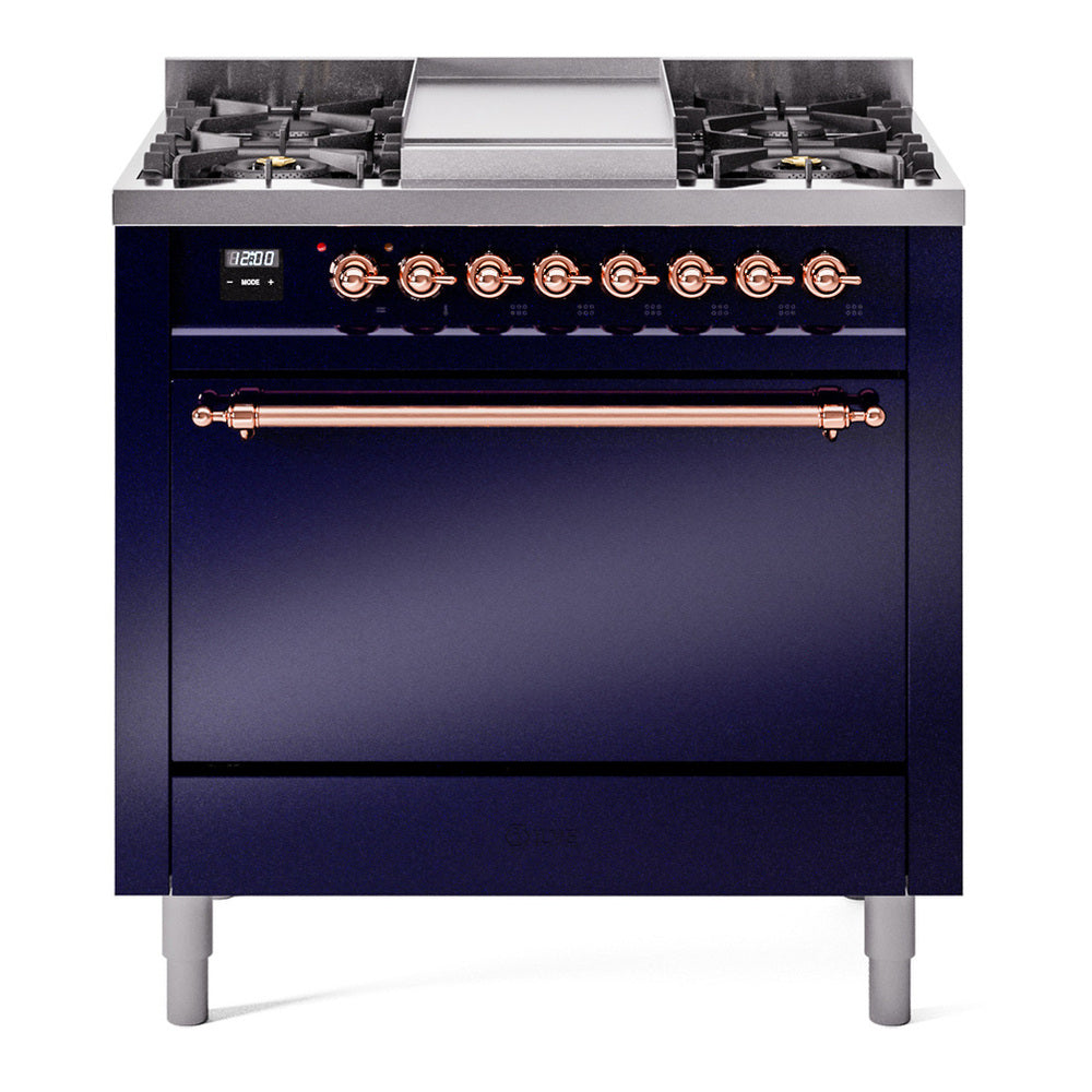 ILVE Nostalgie II 36" Midnight Blue Dual Fuel Range with 6 Burners and Griddle Solid Door Natural Gas